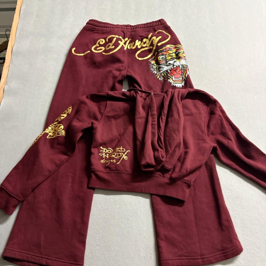 Ed Hardy Womens Tracksuit Set Small Maroon Tiger Graphic Crop Hoodie Sweatpants