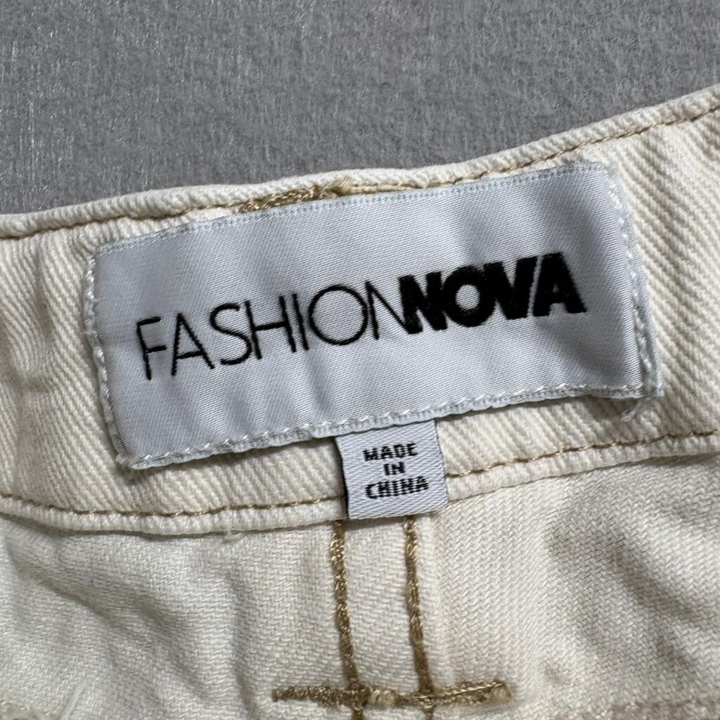 Fashion Nova Carpenter Pants Womens 13 Cream Beige Denim Utility Cargo Wide Leg