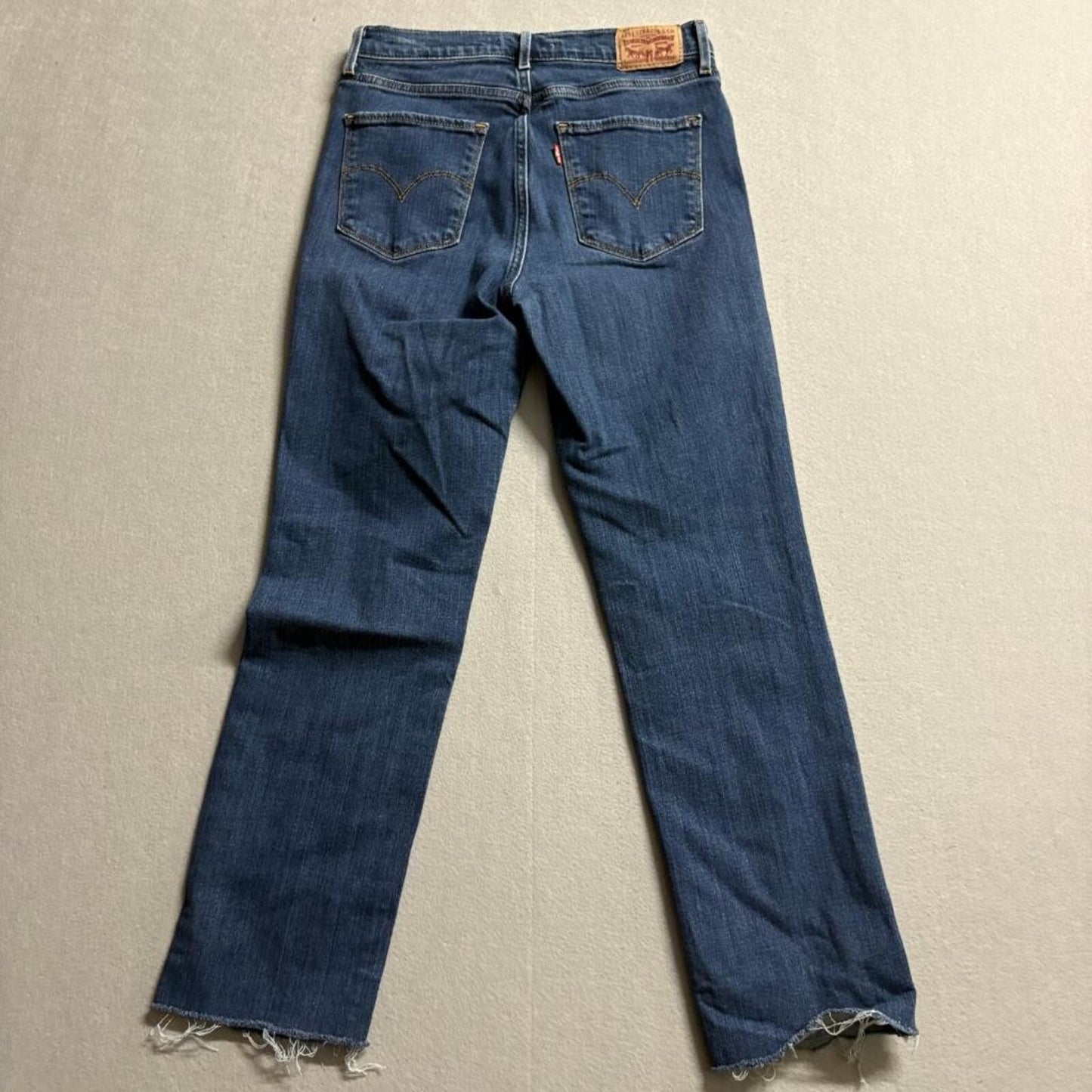 Levi's 724 High Rise Straight Jeans Womens 28 Raw Hem Blue Denim Stretch