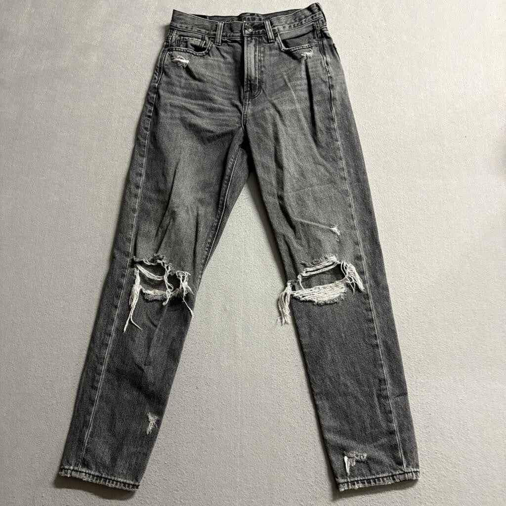 American Eagle Mom Jeans Womens Size 0 Gray Denim Distressed Ripped High Rise