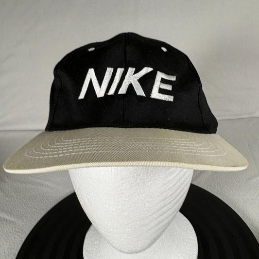 Vintage Nike Spellout Snapback Hat Mens Black Beige Two Tone Cap Cameo Tag