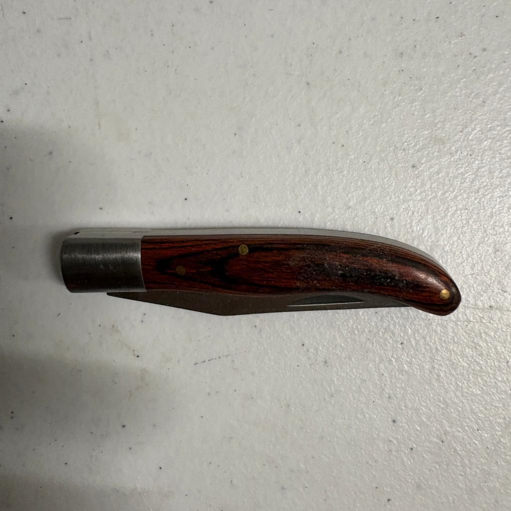 Vintage Single Blade Folding Pocket Knife Wood Handle Brass Pins 3.75 Inch