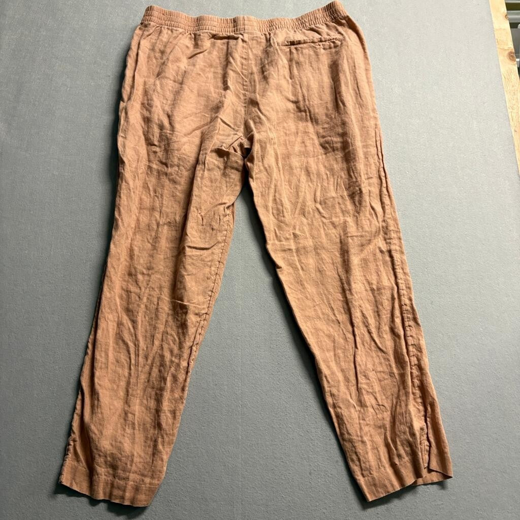 H&M 100% Linen Pants Womens XL Brown Elastic Waist Regular Fit Casual