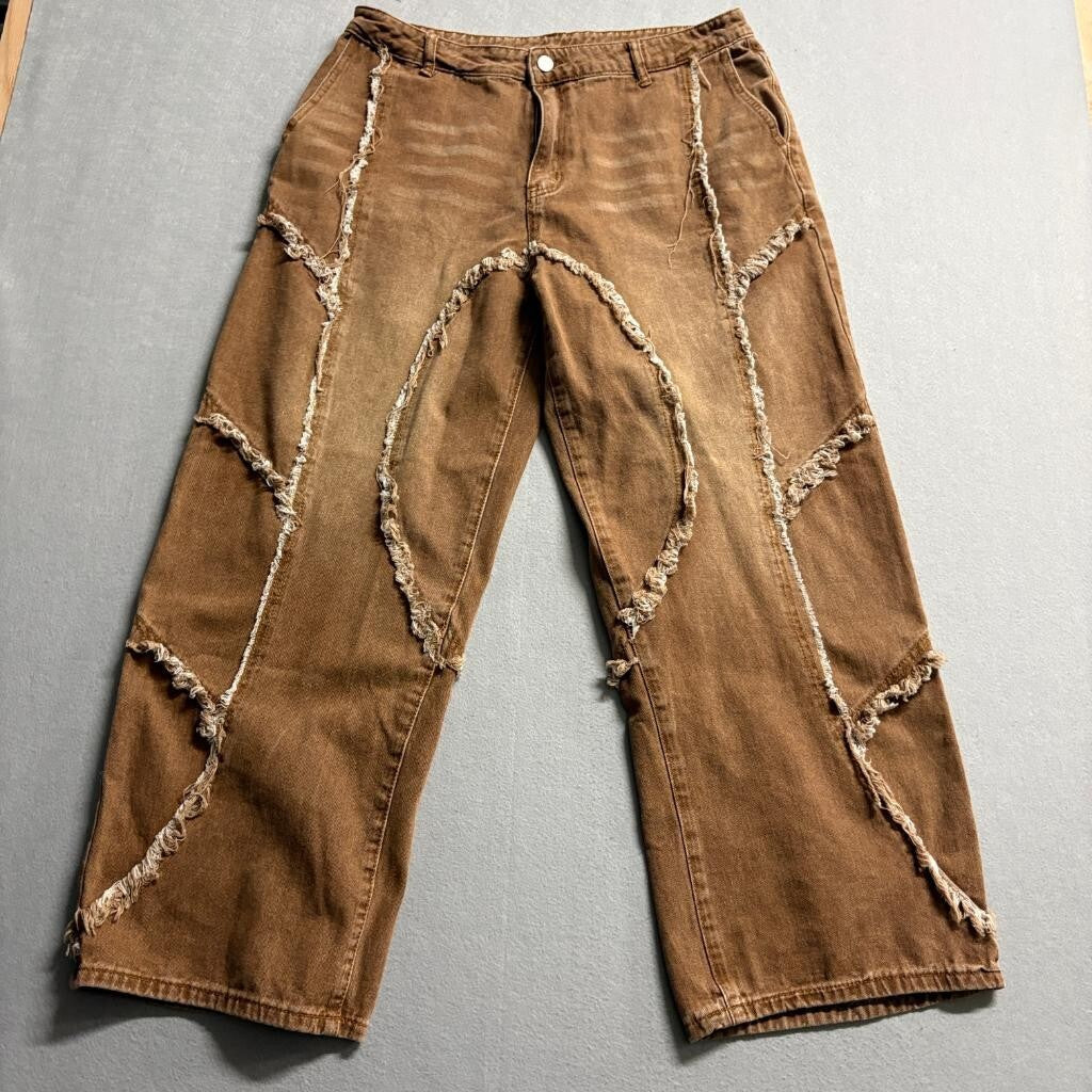Unbranded Brown Distressed Raw Seam Wide Leg Jeans Womens Size L Y2K Grunge