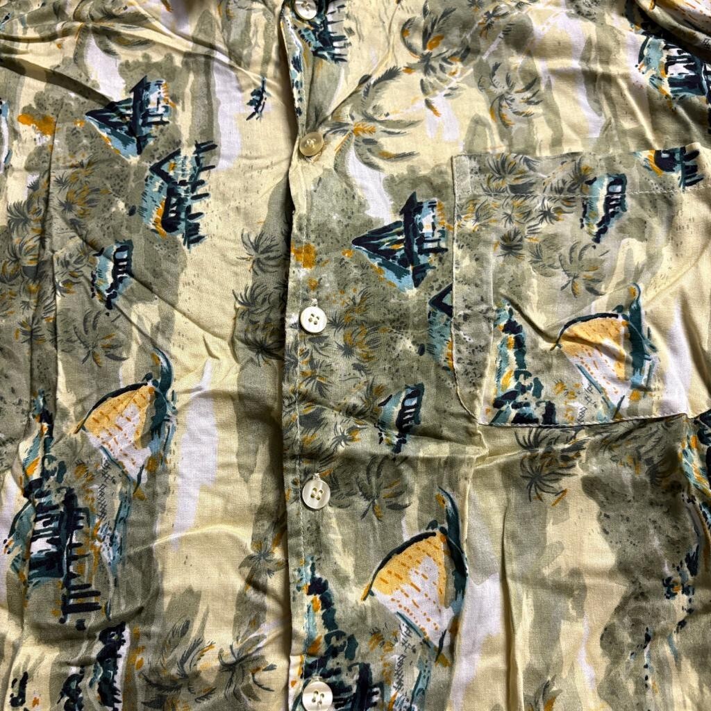 Sunset Highway Hawaiian Shirt Mens XL Green Rayon Tropical Sailboat Camp Shirt