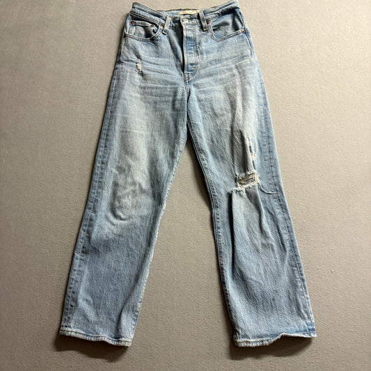 Levis Premium Ribcage Straight Jeans Womens 26 Distressed Light Wash Denim