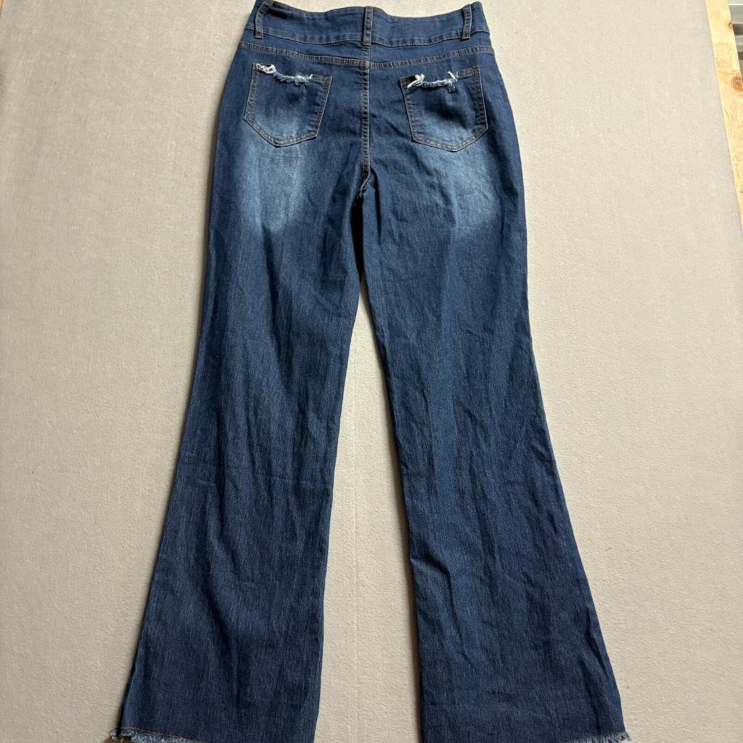 Unbranded Womens High Rise Wide Leg Flare Jeans Blue Denim Frayed Hem Size