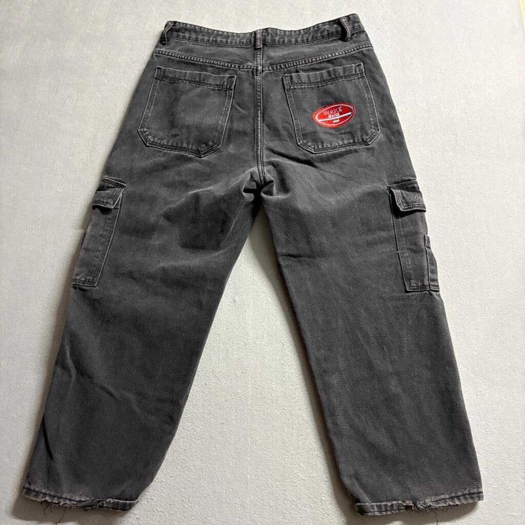Shein Curve Mens 0XL Gray Denim Cargo Pants Wake Jeans Embroidered Patch