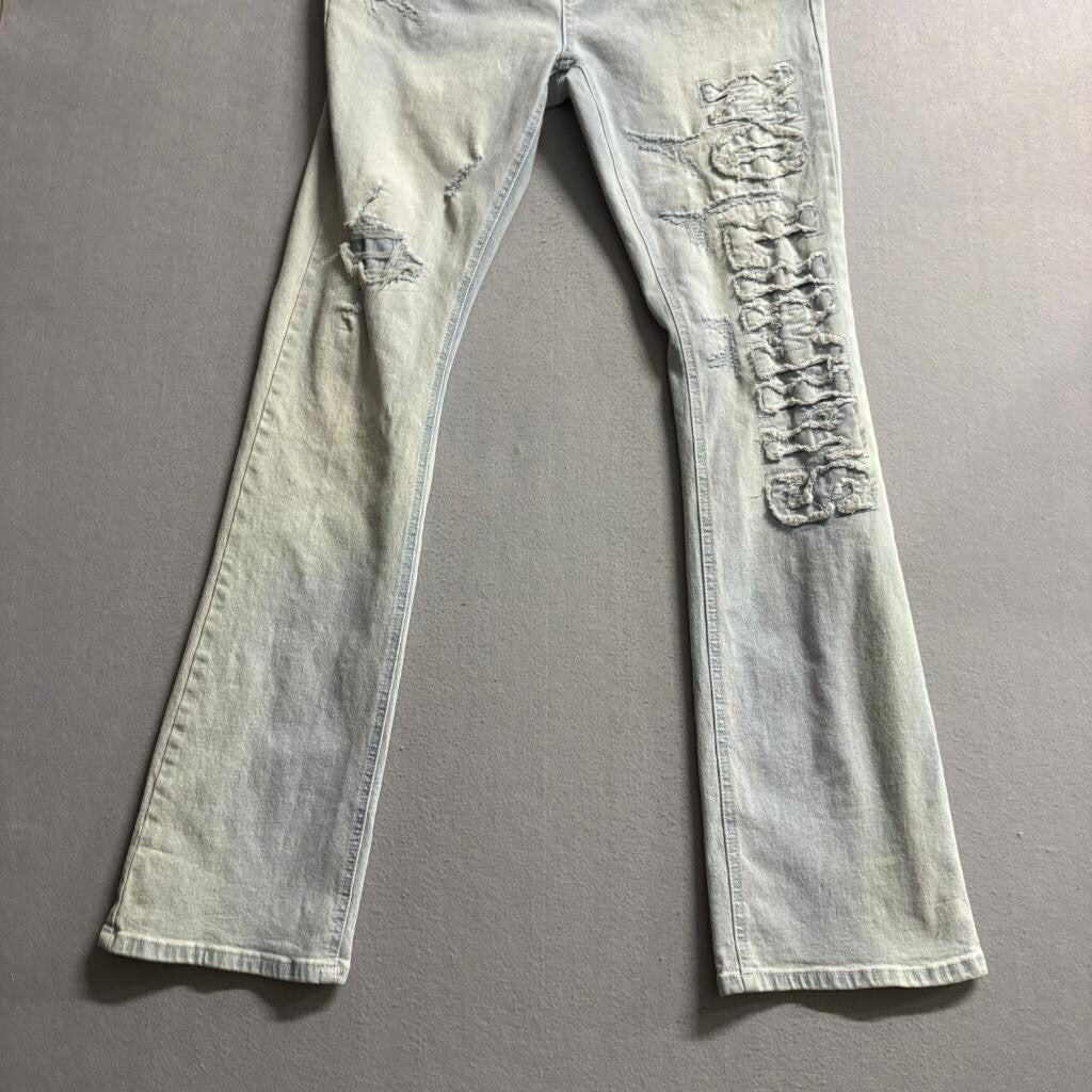 Encrypted Distressed Jeans Mens 34 Light Wash Ripped Graphic Patch Denim
