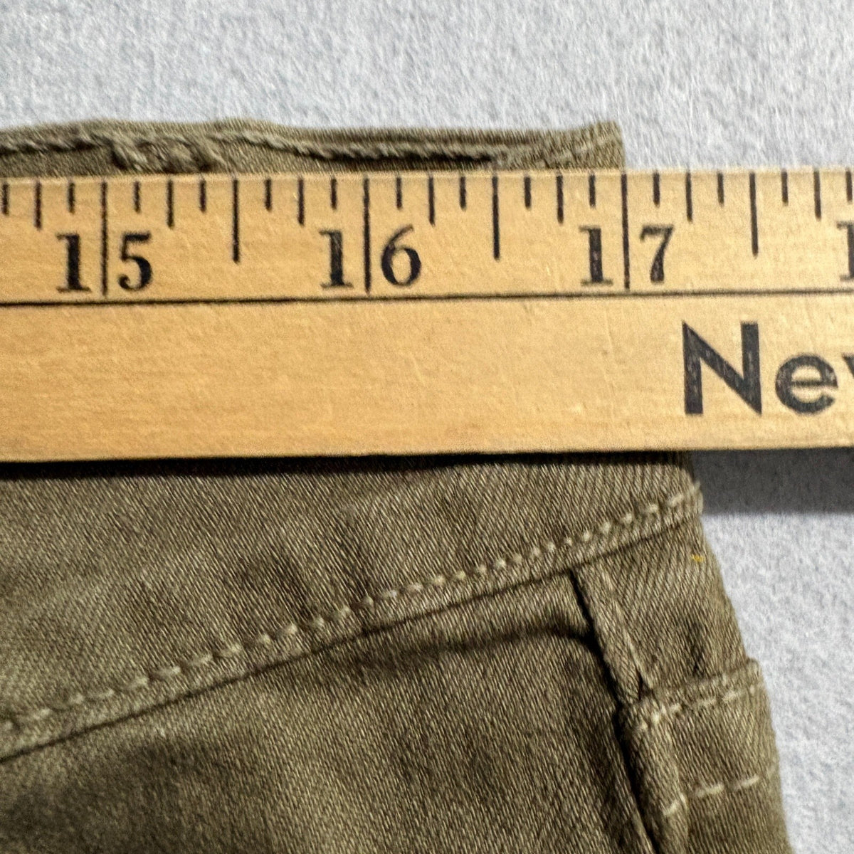 Rustic Dime Mens 34 Olive Green Distressed Taper Fit Jeans Made in USA Stretch