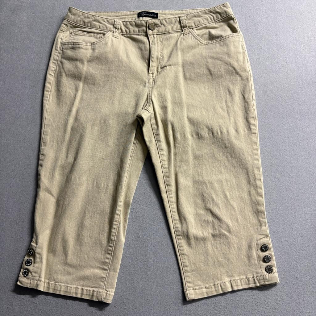 Baccini Womens Crop Pants 12P Beige Cotton Blend Rhinestone Button Capris