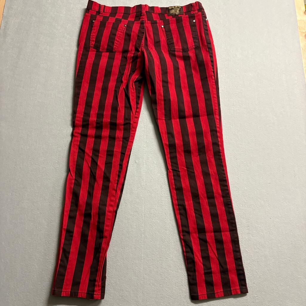 Run & Fly Striped Jeans Womens 18 Red Black Punk Goth Rockabilly Skinny Pants UK