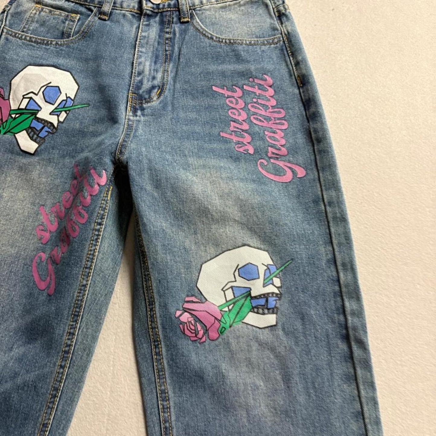 SHEIN Skull Rose Graffiti Print Jeans Womens XS Blue Denim Straight Leg Pants