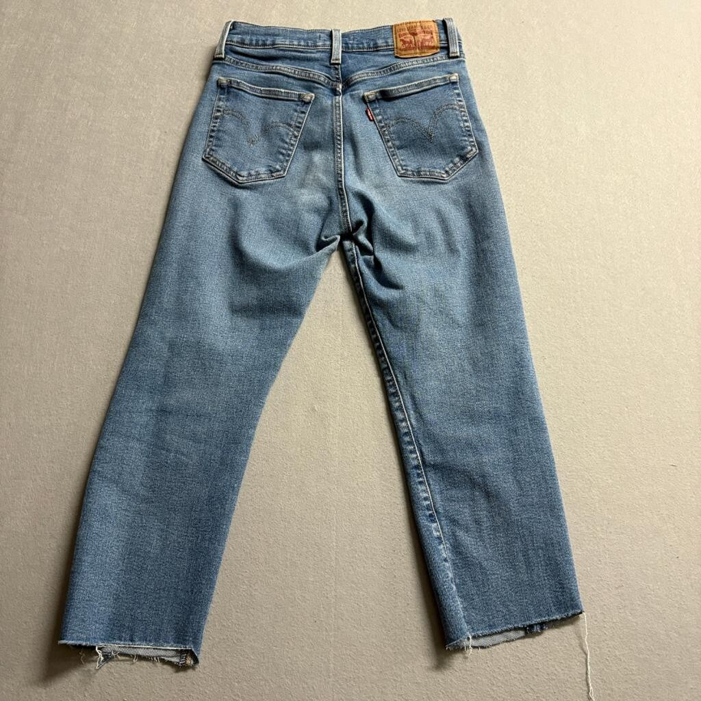 Levis Wedgie Straight Jeans Womens 29 Blue Distressed Raw Hem High Rise Denim