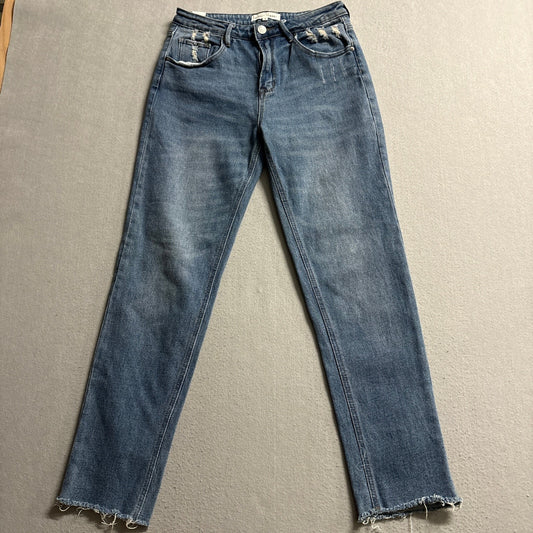 Almost Famous High Rise Straight Leg Jeans Womens Size 3 Blue Distressed Raw Hem