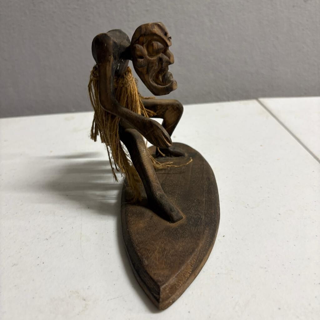 Vintage Hand Carved Wood Surfing Tiki Figure Hawaiian Folk Art Grass Skirt 6in
