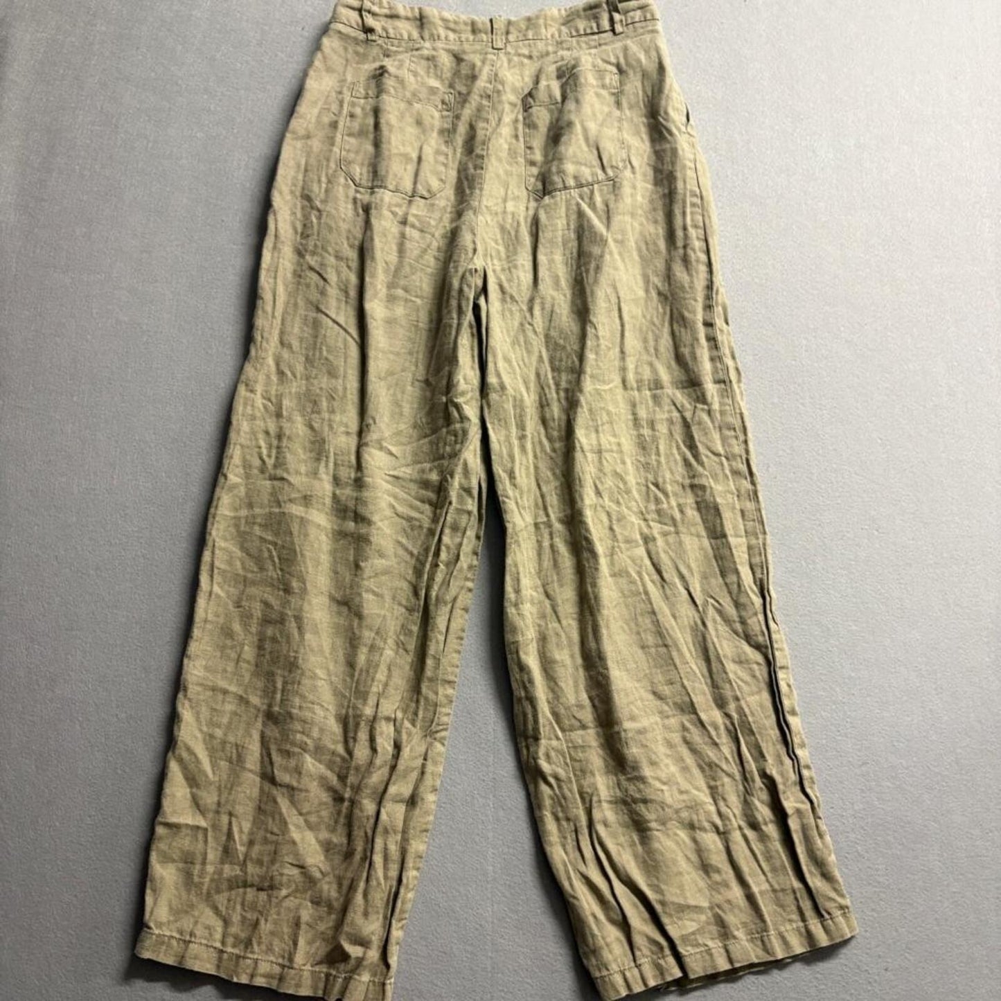 Zara Linen Pants Womens Small Olive Green Wide Leg Pleated High Rise Casual