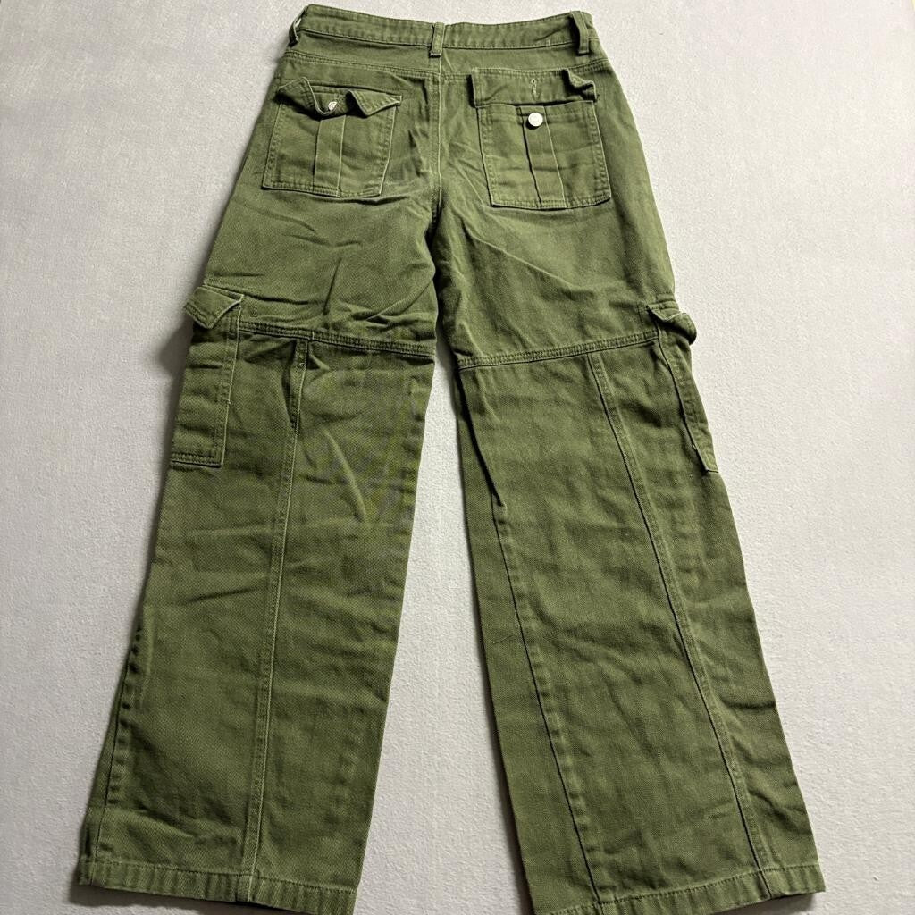 Forever 21 Premium Denim Cargo Pants Womens Small Green Cotton Wide Leg Utility