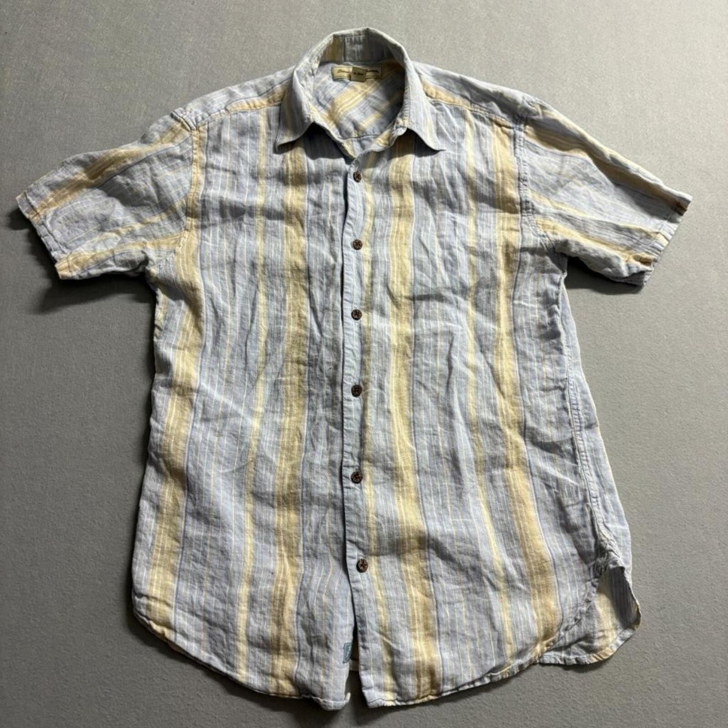 Tommy Bahama Shirt Mens Medium Blue Yellow Striped 100% Linen Short Sleeve
