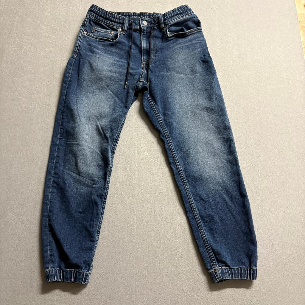 HM Mens Jogger Jeans Size S Blue Denim Regular Tapered Elastic Waist Drawstring