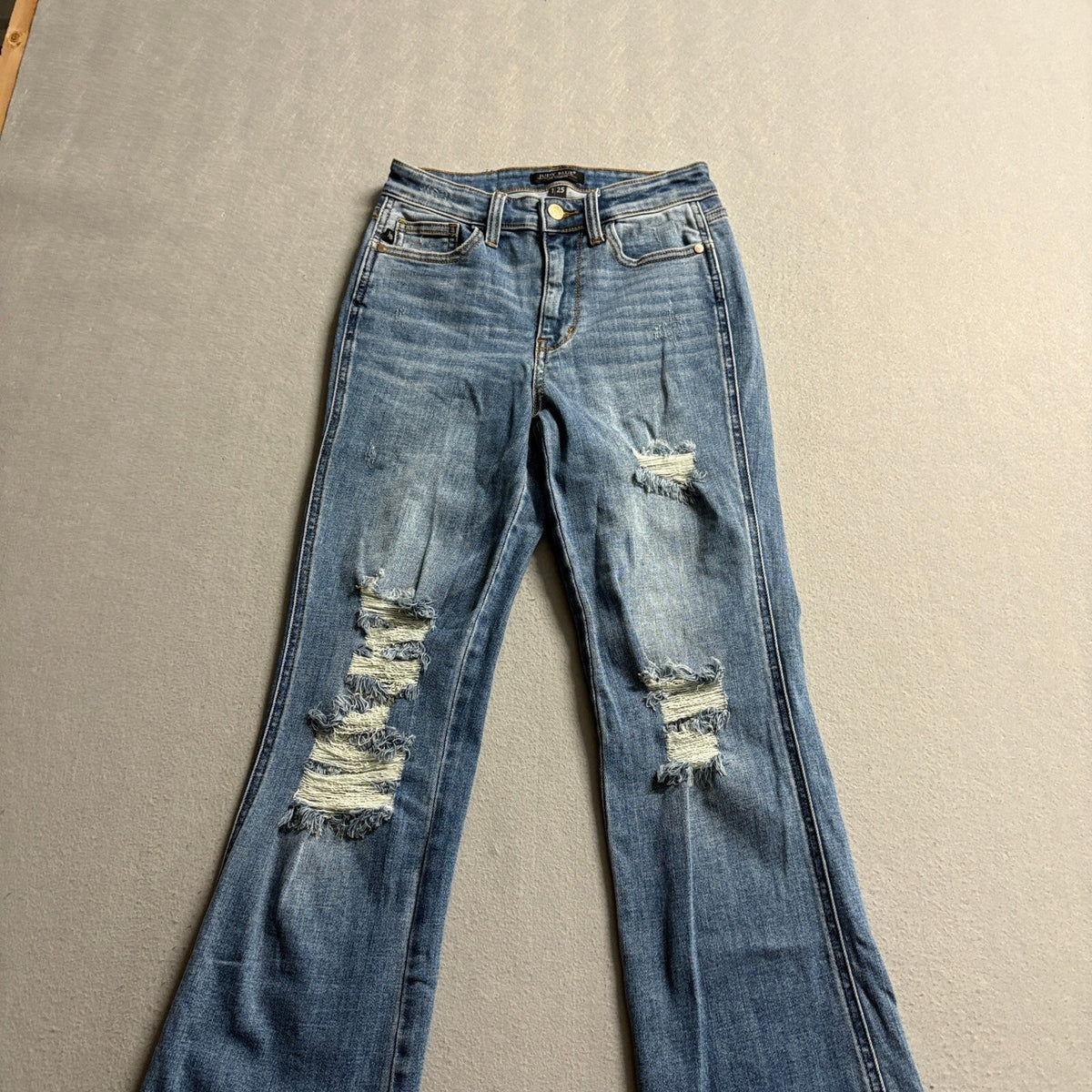 Judy Blue Boot Cut Jeans Womens Size 1/25 Distressed Raw Hem High Rise Stretch