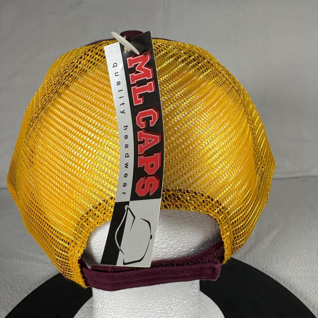 ML Caps The Duke Maroon Gold Mesh Back Trucker Hat Snapback Blank Cap New