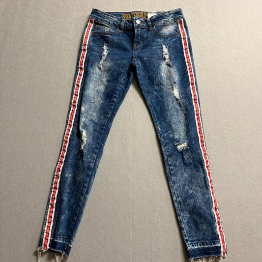 VIP Jeans Womens 3/4 Distressed Acid Wash Skinny Jeans Side Stripe Raw Hem