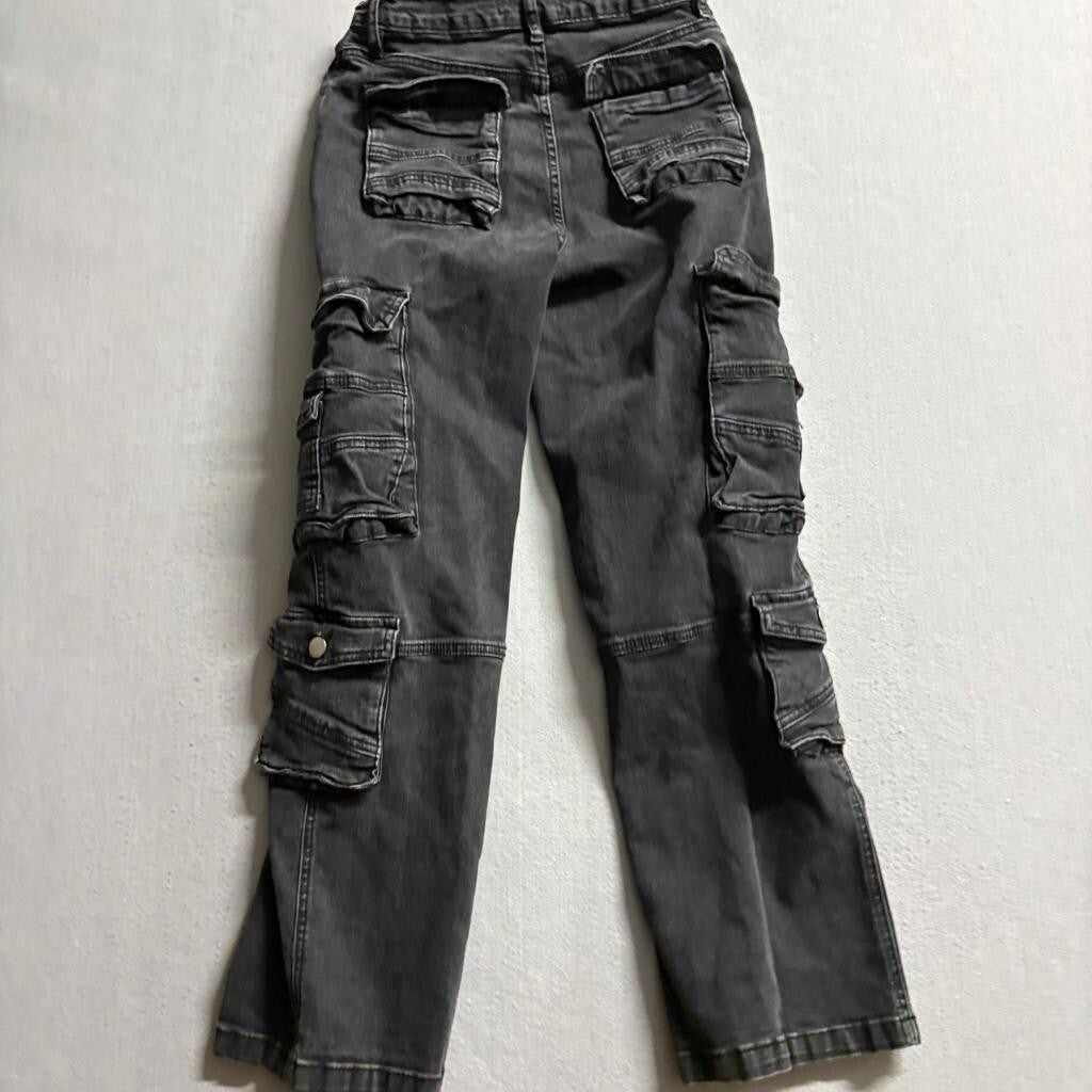 Fashion Nova Girls Size 3 Black Denim Cargo Jeans High Rise Utility Pockets