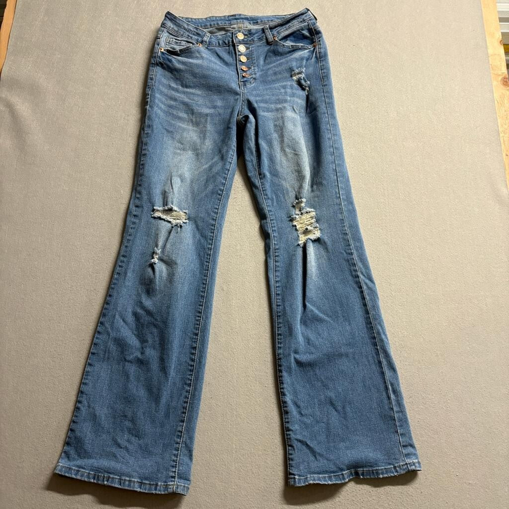 Unbranded Distressed Wide Leg Jeans Womens Size M Blue Denim Button Fly Stretch