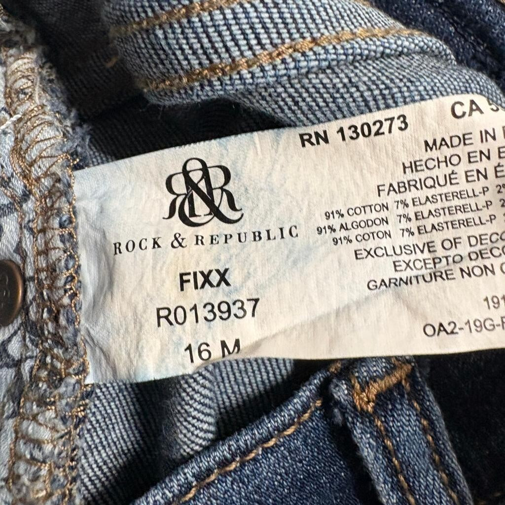 Rock and Republic FIXX Skinny Jeans Womens 16M Blue Denim Distressed R013937