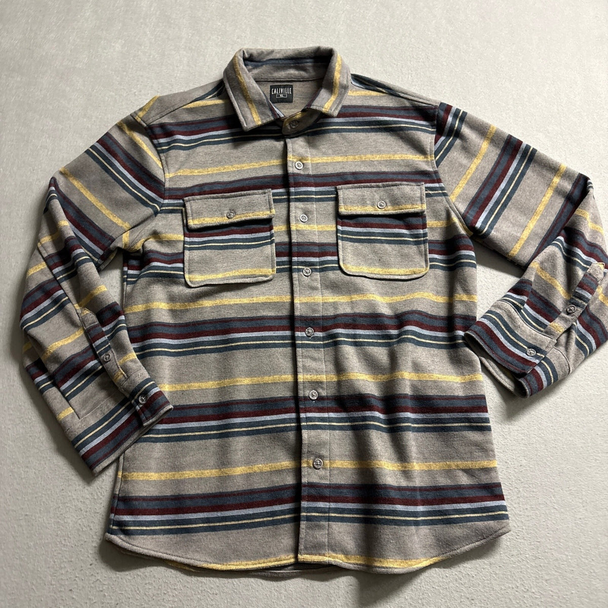 Caliville Mens XL Striped Fleece Shirt Jacket Long Sleeve Button Up Flannel Gray