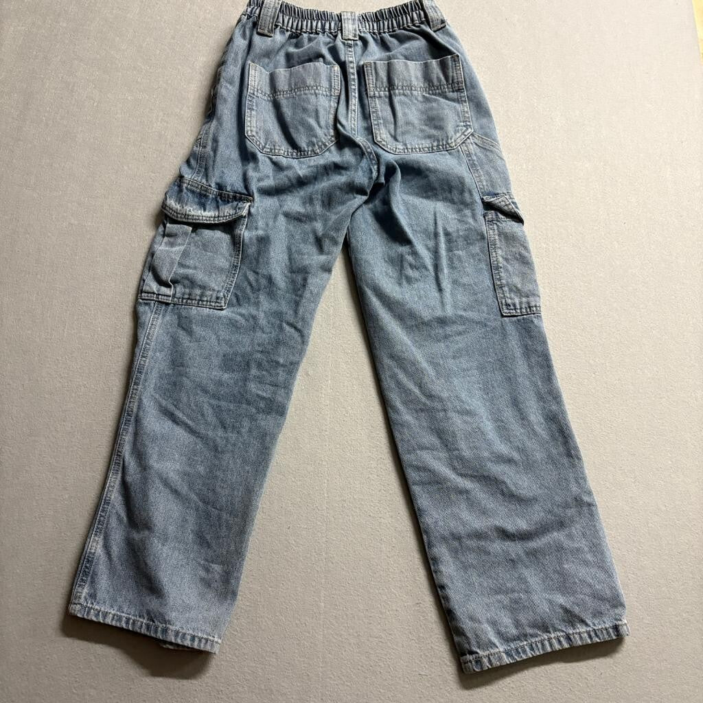 Simple Society Cargo Jeans Womens 3/26 Blue Denim Elastic Waist Utility Pants