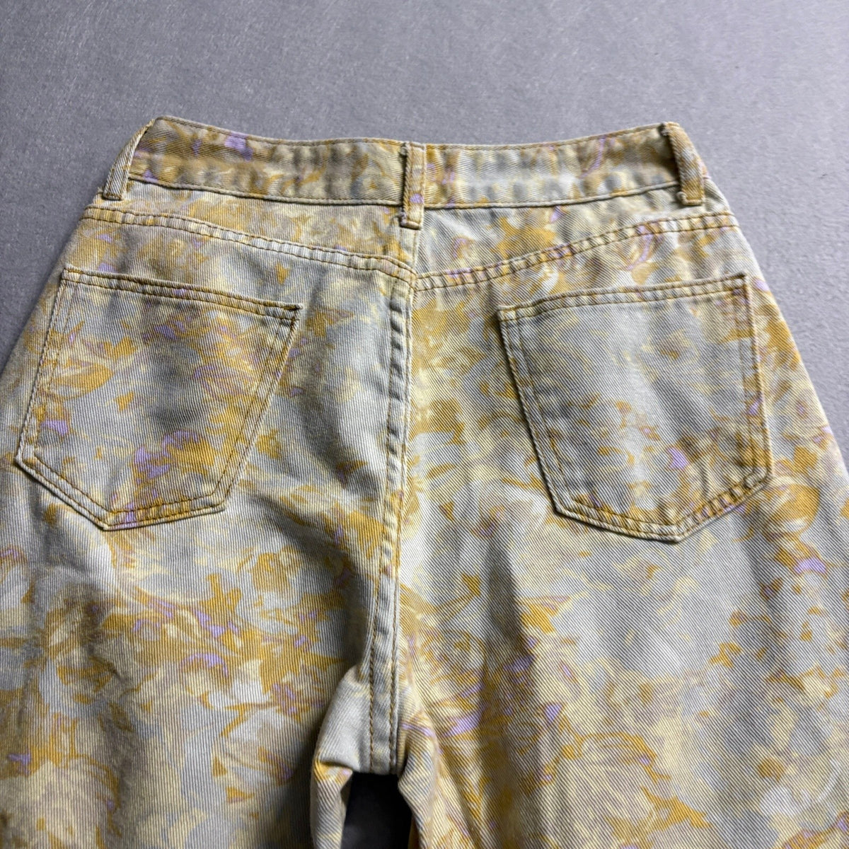 Unbranded Floral Acid Wash Jeans Womens L Yellow Purple High Rise Wide Leg