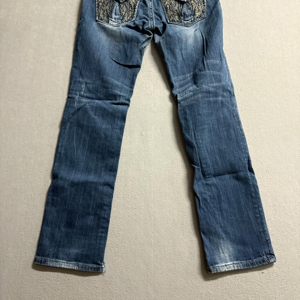 Miss Me Angel Wing Straight Jeans Womens 28 Blue Denim Embellished Flap Pocket
