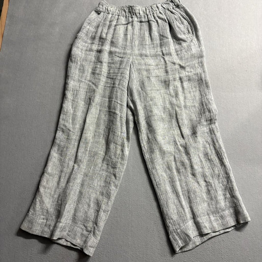 Tahari Linen Pants Womens Medium Gray White Striped Wide Leg Cropped Elastic