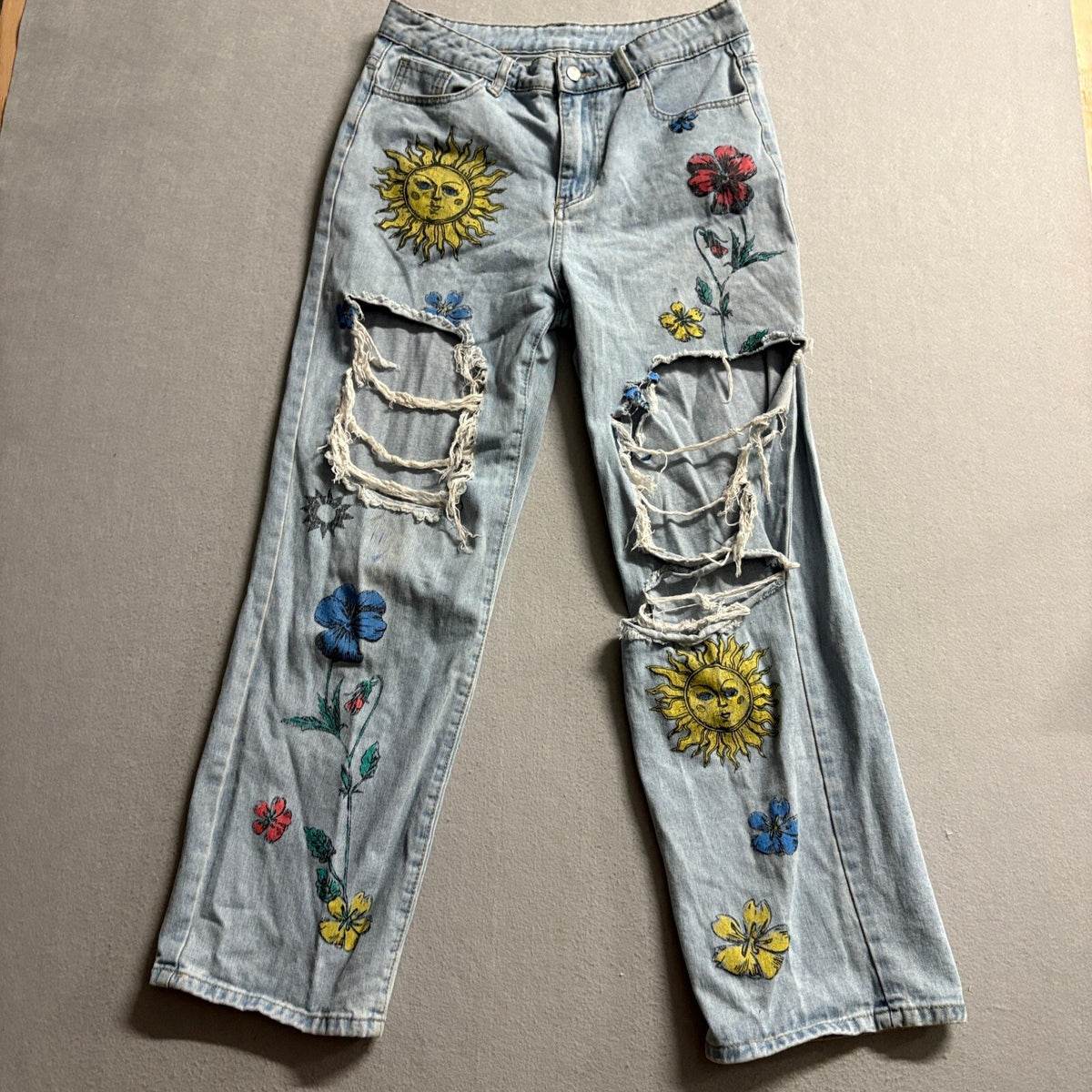 Shein Sun and Flower Graphic Distressed Jeans Womens Large Light Wash Denim