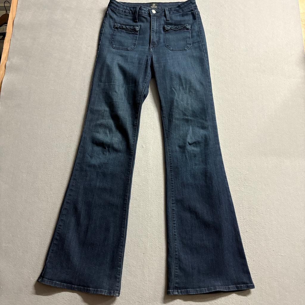 Just Black Denim Flare Jeans Womens 29 Blue Braided Pocket High Rise Made in USA