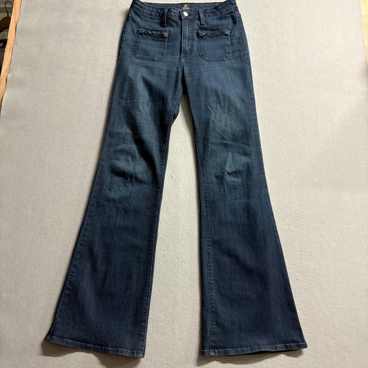 Just Black Denim Flare Jeans Womens 29 Blue Braided Pocket High Rise Made in USA