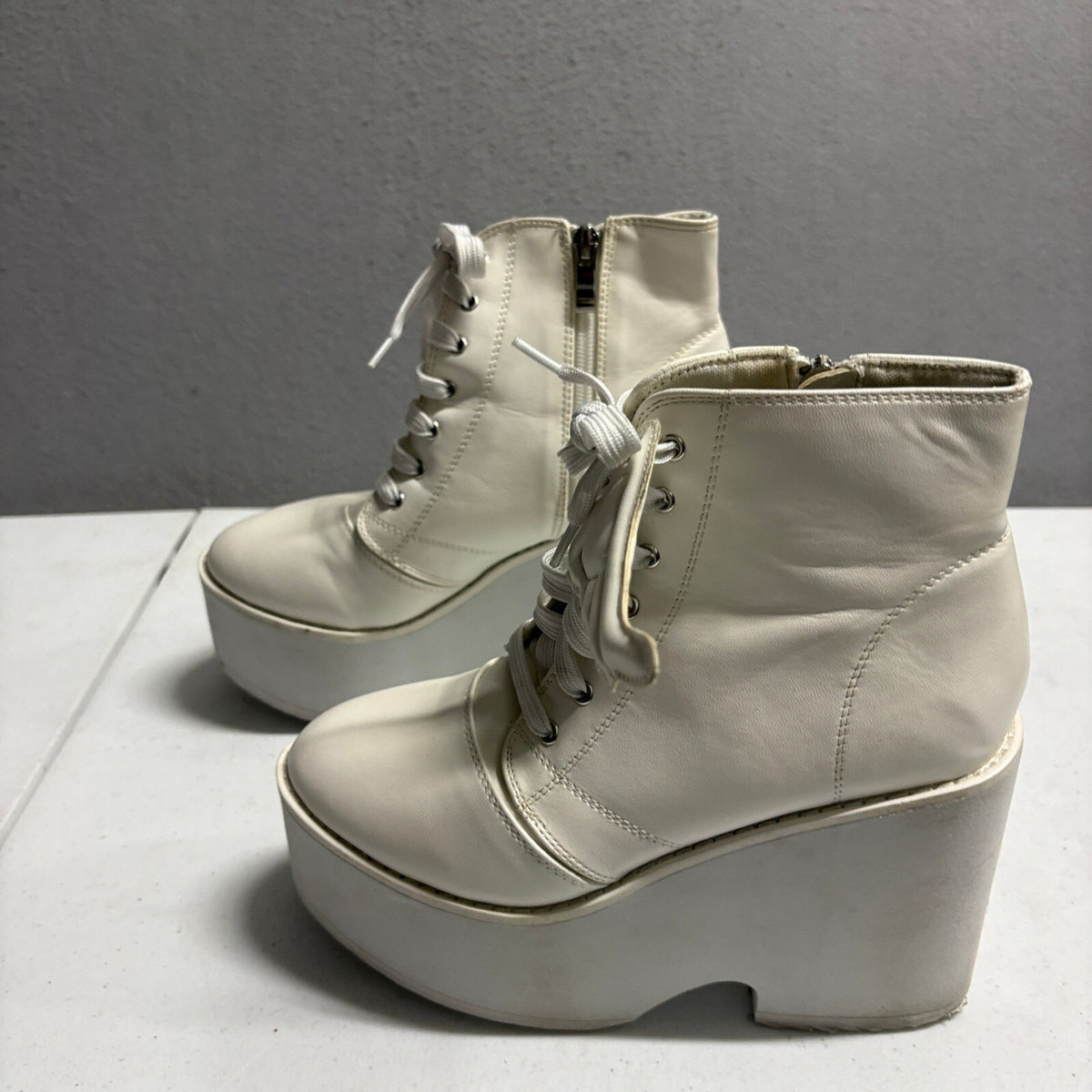 Platform Angel Wing Ankle Boots White Faux Leather Chunky High Heel Women Size