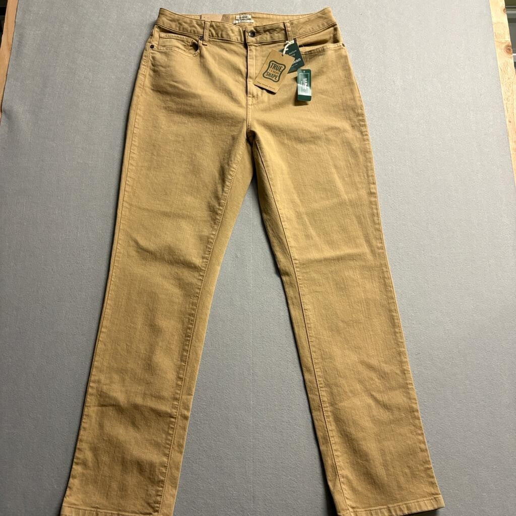 LL Bean True Shape Denim Jeans Womens 14 MT Tan Classic Fit Straight Leg NWT