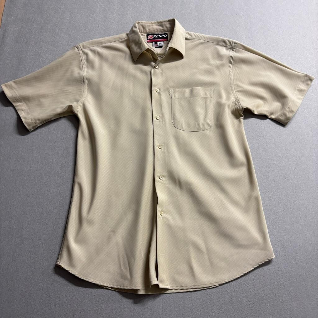 Kenpo Mens Medium Short Sleeve Button Up Shirt Beige Striped Polyester Casual
