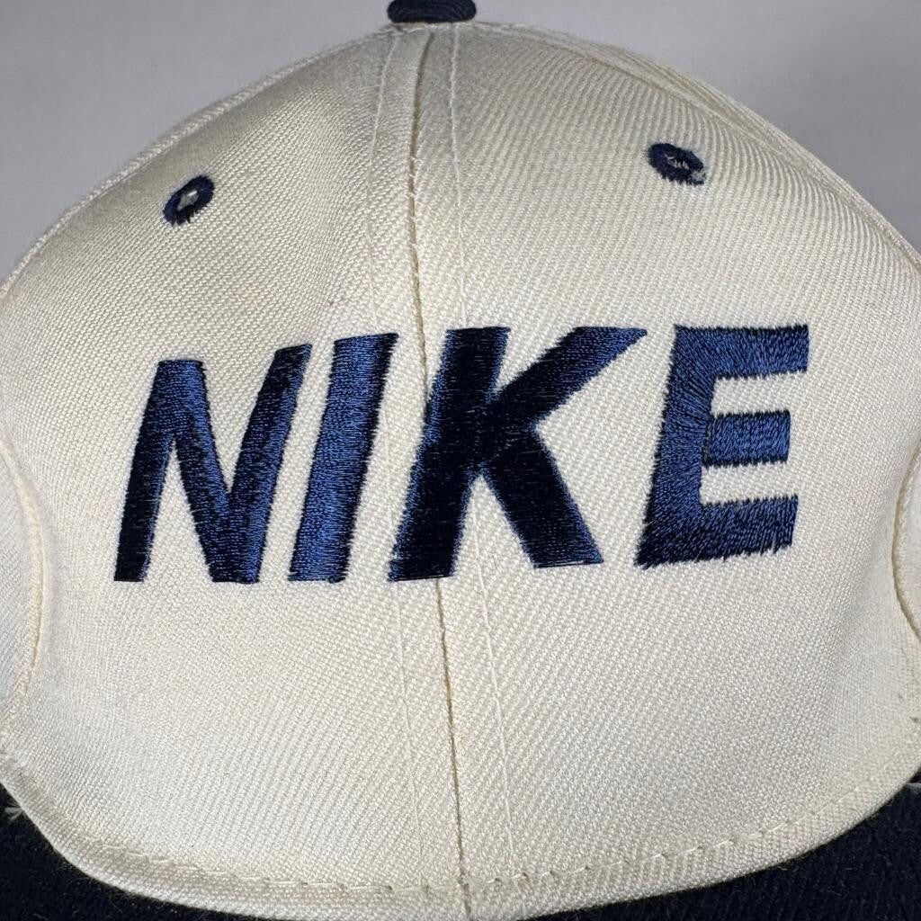 Vintage Nike Spellout Snapback Hat Cream Navy Blue Ace Tag Made in Korea Cap