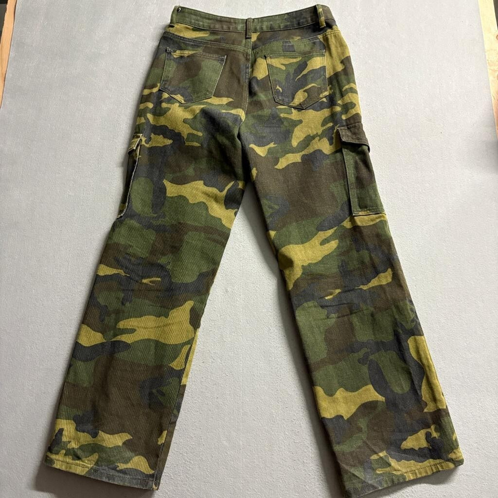 Shein Petite L Camouflage Cargo Pants Womens Green Cotton Wide Leg Utility