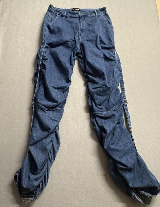 Fashion Nova Ruched Stacked Jeans Womens Size 13 Blue Denim Buckle Strap CJ14