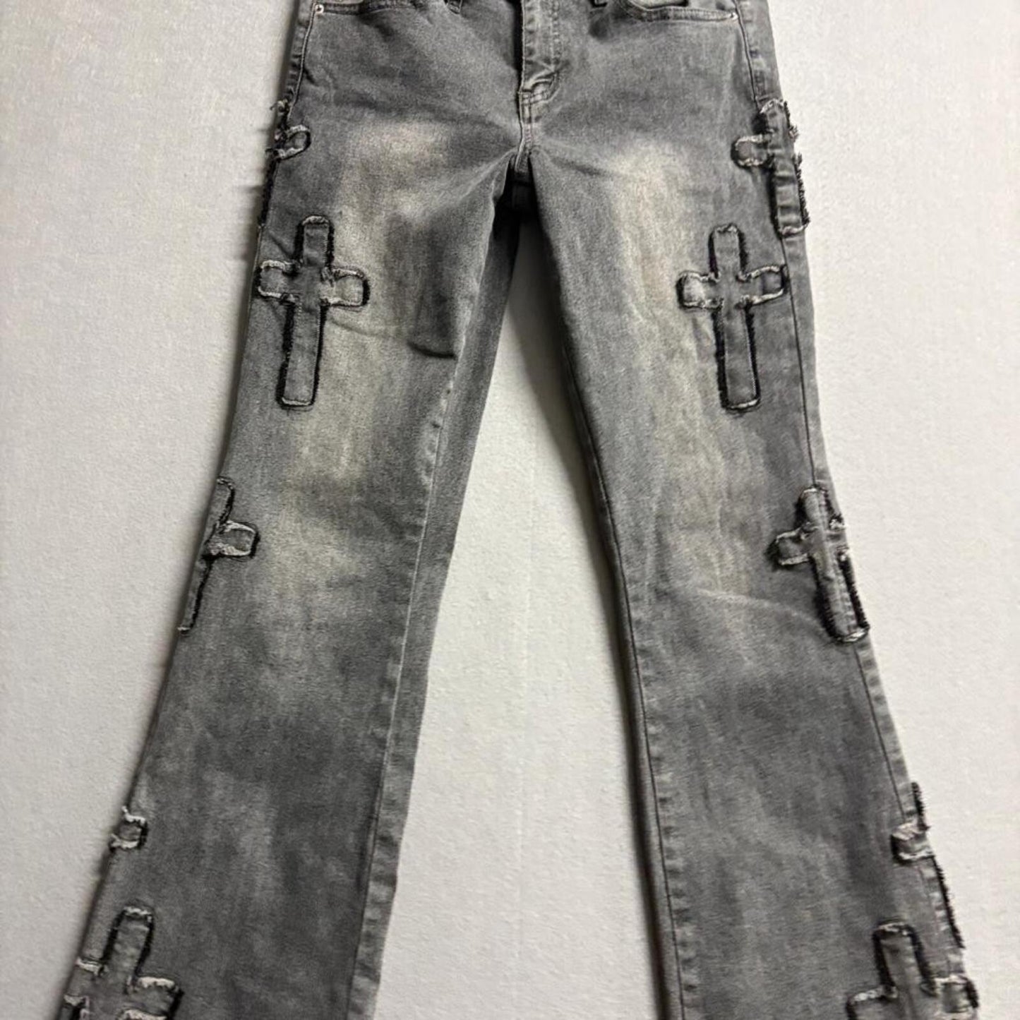 Ashley Mason Premium Cross Patch Flare Jeans Womens Size 5/27 Gray Denim