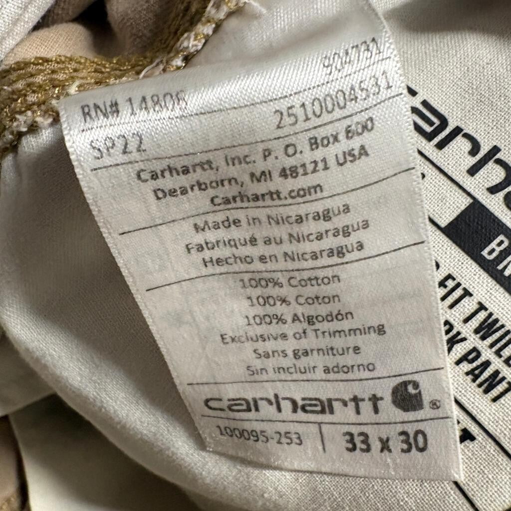 Carhartt Relaxed Fit Twill Work Pants Mens 33x30 Tan Khaki 5-Pocket BN0095-M