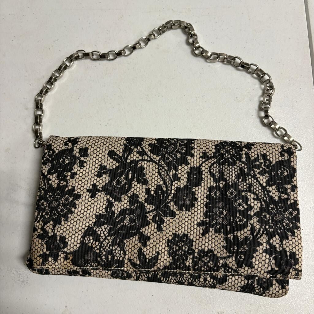 Unbranded Black Lace Print Evening Clutch Bag Silver Chain Strap Kiss Lock
