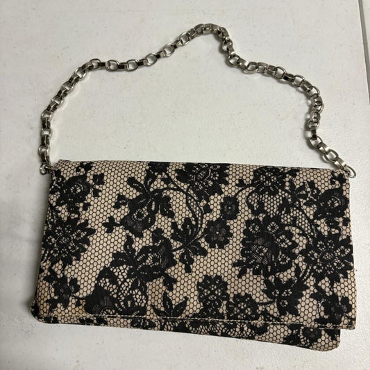 Unbranded Black Lace Print Evening Clutch Bag Silver Chain Strap Kiss Lock