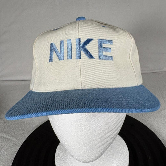 Vintage Nike Spellout Snapback Hat Kee & Ed Apparel USA Cream Blue Cap