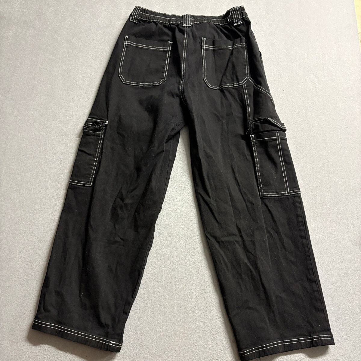Almost Famous Women XL Black Contrast Stitch Cargo Pants Elastic Waist Stretch